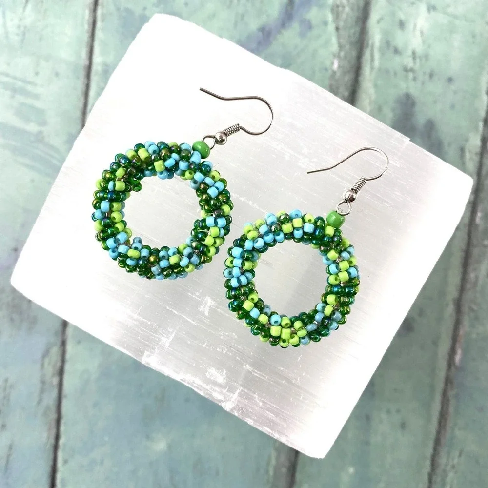 Vintage‎ 80s 90s Beaded Hoop Drop Earrings – Green & Blue Seed Beads Spring